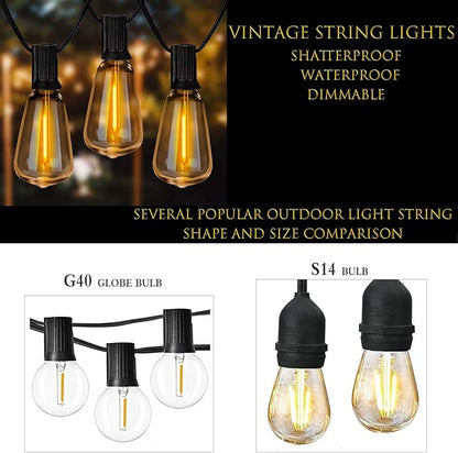 Spacenight Outdoor String Lights 30ft with 25+2 Spare LED Filament Bulbs, Dimmable Shatterproof Waterproof, for Indoor/Outdoor Decoration and Lighting, Edison Vintage Style Warm 2200K