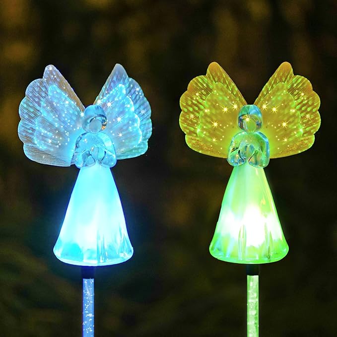 Outdoor Solar Garden Lights,2 Pack Solar Angel Decorative Lights, IP67 Waterproof Color Changing LED Solar Outdoor Lights,Solar Stake Lights for Cemetery Grave Garden Patio Yard Lawn Decoration
