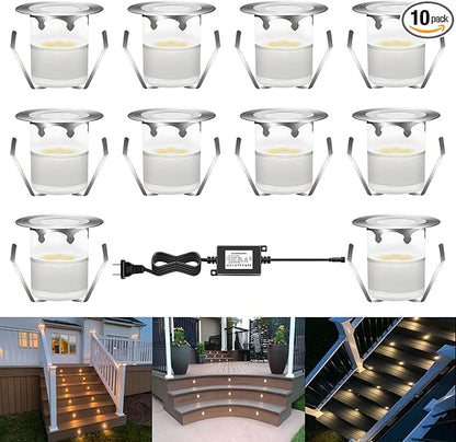 LED Outdoor Deck Lights Kits, Warm White Φ1.18in Low Voltage 12V DC IP67 Waterproof, Electric Wired Recessed Round Landscape Lighting for Exterior Yard Stair Step Floor Riser, 10 Pack Silver