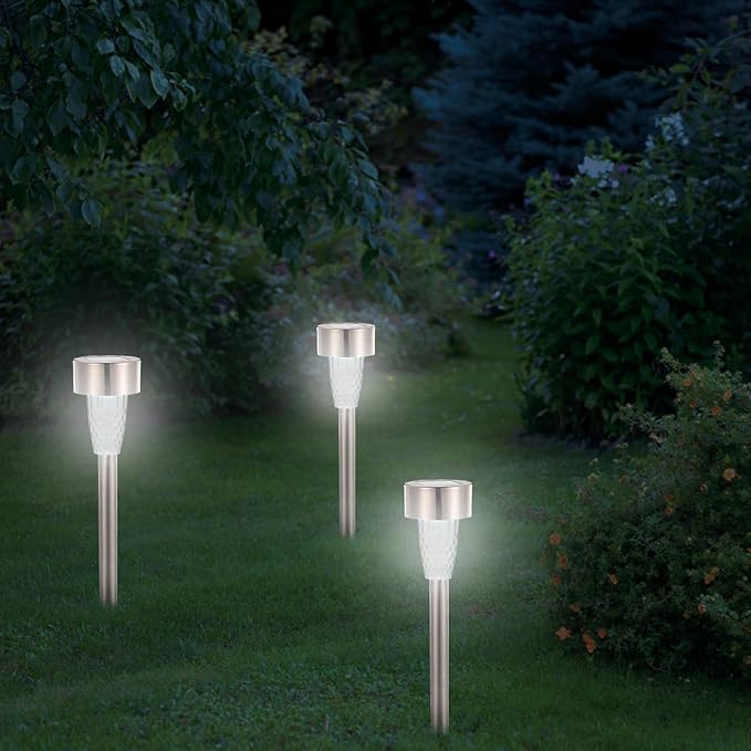 12pcs Solar Garden Lights Stainless Steel Pathway Lights White LED Outdoor Lawn Decor Waterproof Solar Powered | Lumora