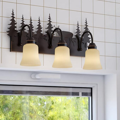 VAXCEL Bryce 3-Light 24.75 inch Wide Burnished Bronze Rustic Cabin Bathroom Vanity Lighting Fixture, Amber Flake Glass Shade, Deer and Trees, Dimmable, LED Compatible, Over The Mirror Wall Mounted