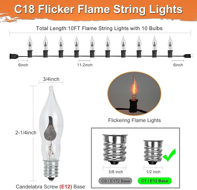 Halloween Flickering String Lights, 10FT C18 Flickering Flame Night Light with 10 Clear Flame Bulbs, Great for Outdoor Indoor Halloween Decoration - Black Wire
