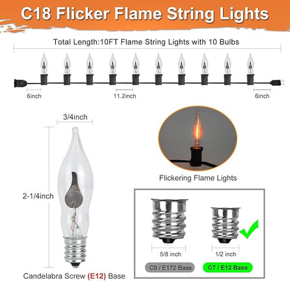 Halloween Flickering String Lights, 10FT C18 Flickering Flame Night Light with 10 Clear Flame Bulbs, Great for Outdoor Indoor Halloween Decoration - Black Wire