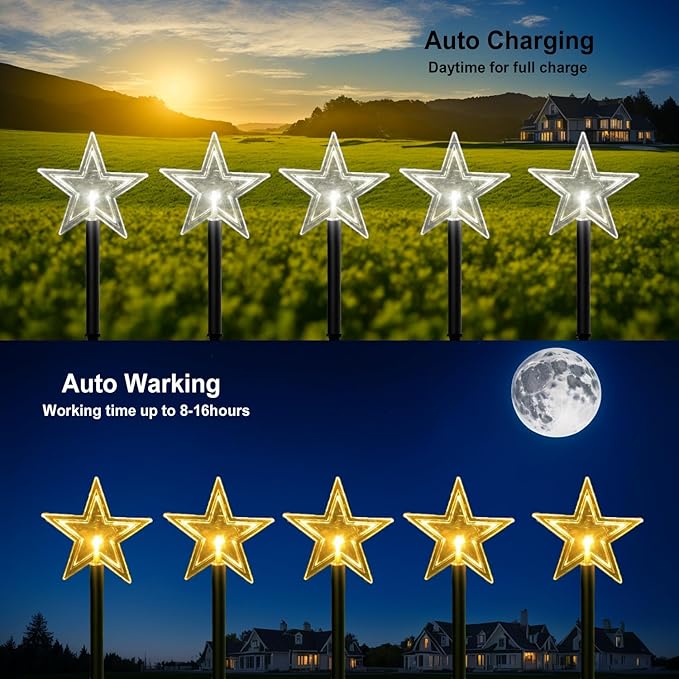 Solar Christmas Pathway Lights, 5 Pack Solar Christmas Decor Star Lights Outdoor Waterproof Stake Lights Garden Decorative Lights Walkway Lights for Landscape Yard Lawn Patio Wedding Party(Warm White)