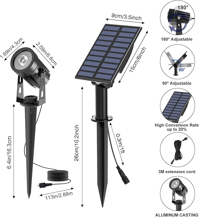 T-SUNUS Christmas Solar Landscape Spotlights Warm White 3000K Metal Lights, Garden Spot Light IP65 Waterproof 9.8ft | Lumora