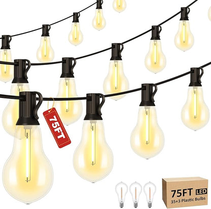 75FT Outdoor String Lights with 35+3 Waterproof Bulbs, 2FT Bulbs Apart, Dimmable & Connectbale, Commercial Grade Patio String Lights for Outside Porch Backyard Garden Deck Decor
