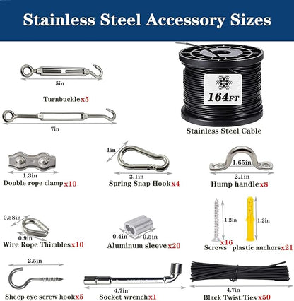 164FT Outdoor String Light Hanging Kit - Heavy Duty Black Vinyl-Coated Stainless Steel Wire Rope with Turnbuckles, Hooks & Eye Straps for Patio, Garden, Backyard, Party Decor