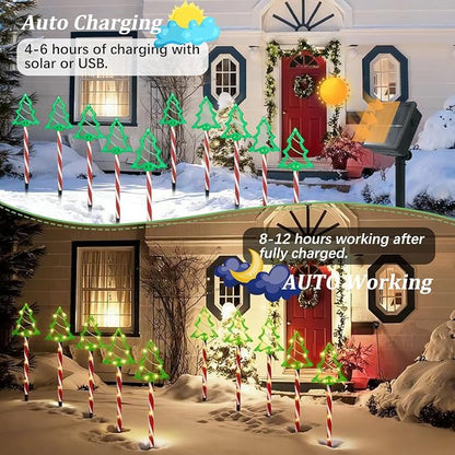 6 in 1 Solar Christmas Tree Pathway Lights, 54 LED Solar Powered Christmas Tree Candy Outdoor Decorations, 8 Lighting Modes, 800mAh, Waterproof Xmas Tree Candy Lights for Outdoor Garden