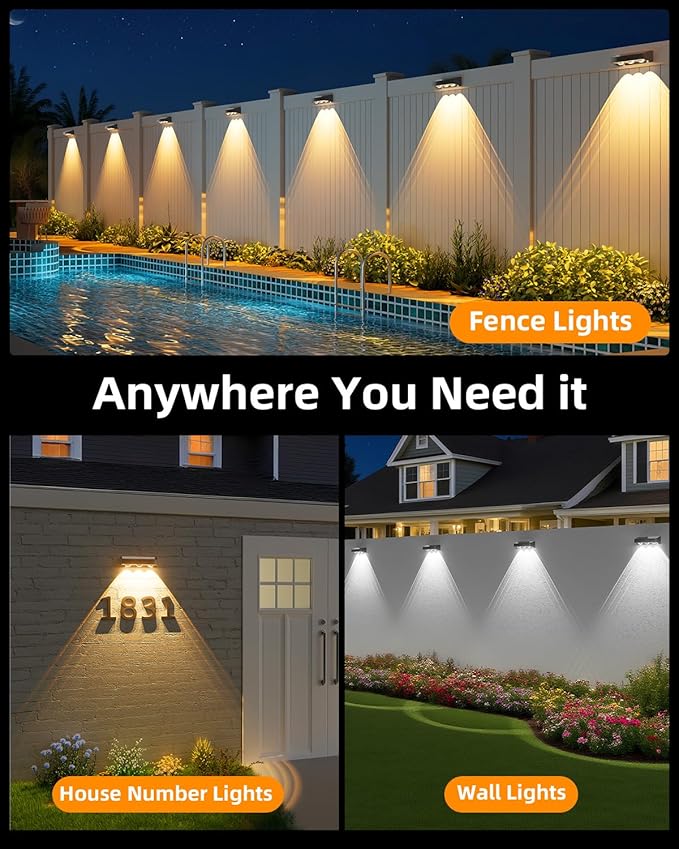 Solar Fence Lights 12 Pack, Warm White, Cool White and RGB Color Glow LED Solar Light, IP65 Waterproof Fence Lights Solar Powered for Patio, Backyard, Railing, Deck and Wall