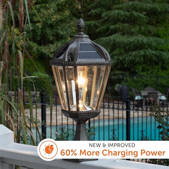 Gama Sonic Outdoor Solar Post Light with Pier Base, Weathered Bronze Finish Aluminum and Beveled Glass, Royal Bulb | Lumora