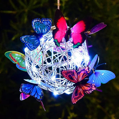 Solar Lighted Hanging Mesh Orb with LED Colorful Butterfly Roaming Light Solar Garden Patio Hanging Ball Home Outdoor Yard Ornament