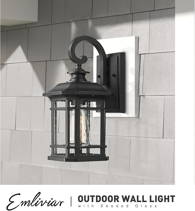 Emliviar Outdoor Wall Lantern Lights, 1-Light Exterior Wall Sconce Lamp, Black Finish with Clear Seeded Glass | Lumora