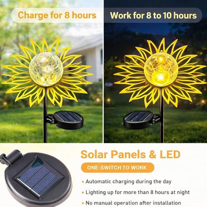 Solar Garden Lights Outdoor Decor, Metal Flower Stake Light with Warm White Crackle Glass Globe, Waterproof Decorative Solar Yard Art for Patio Lawn Backyard Pathway, Gardening Gift(Gold)
