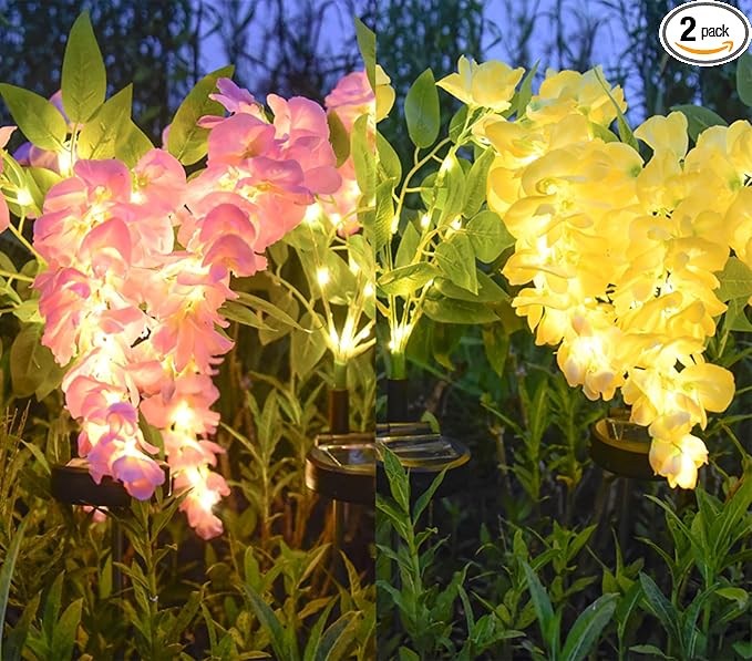 2 Pack Solar Garden Lights Wisteria Flower IP65, Outdoor Waterproof, Warm Light & 2 Lightning Modes, for Gardens, patios, courtyards, and Holiday/Wedding Decorations (Yellow & Pink)
