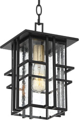 Possini Euro Design Arley Modern Outdoor Hanging Ceiling Light Fixture Black Geometric Frame 12 1/2" Seedy Glass | Lumora