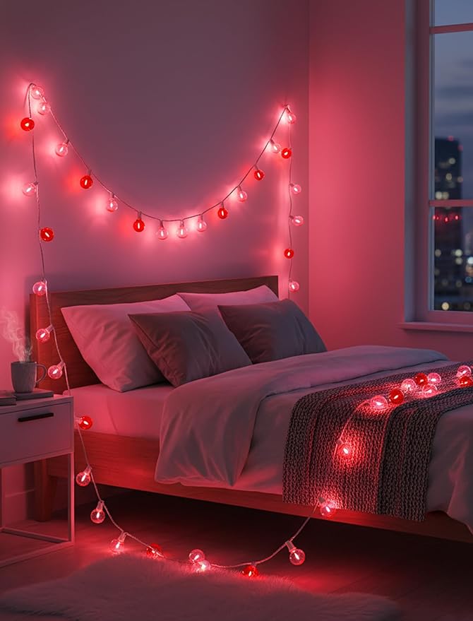 G40 LED Valentine’s Day String Lights, 50Ft Valentines Decorations Lights Outdoor with Clear Red Pink Round Bulbs, Hanging Patio Lights Shatterproof for Indoor Home Decor Wedding Party, White Wire