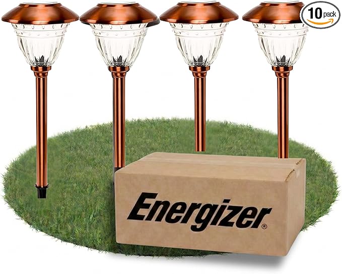 Energizer Solar Outdoor Garden Lights - 10 Pack LED Driveway Solar Lights with 10 Lumen Output, Patterned Glass & Metal Finish, IP65 Waterproof & Easy to Install Garden Lights for Outside - Copper