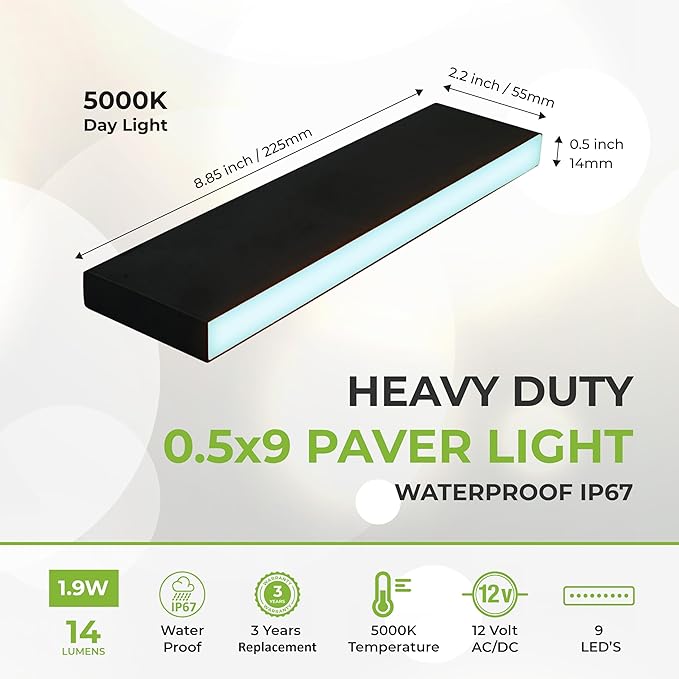 LUMENGY Paver Light Slim 0.5x9 Inch (0.55x8.85), 5000K Daylight, Glare-Free Linear Lighting - Outdoor Path Light | Lumora