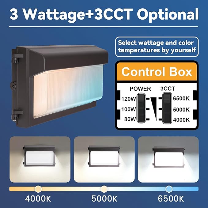 120W LED Wall Pack Light, Glass Lens LED Wall Lights with Photocell, 4000/5000/6500K 3CCT, 80/100/120W Selectable | Lumora