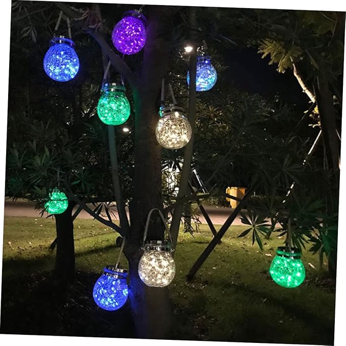 YARNOW Solar Powered Hanging Light Decorative Crackle Glass Jar Lamp for Outdoor Garden Lawn and Patio with Blue Led Light