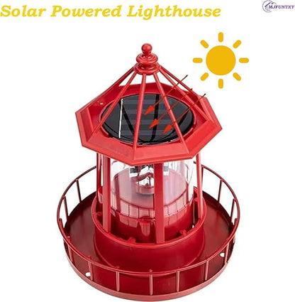 LED Solar Powered Lighthouse,360 Degree Rotating Lamp IP65 Waterproof Statue Solar Garden Lights Rotatable Outdoor Solar Light,Suitable for Patio Fence Garden Courtyards,Lawns Decor (Red)