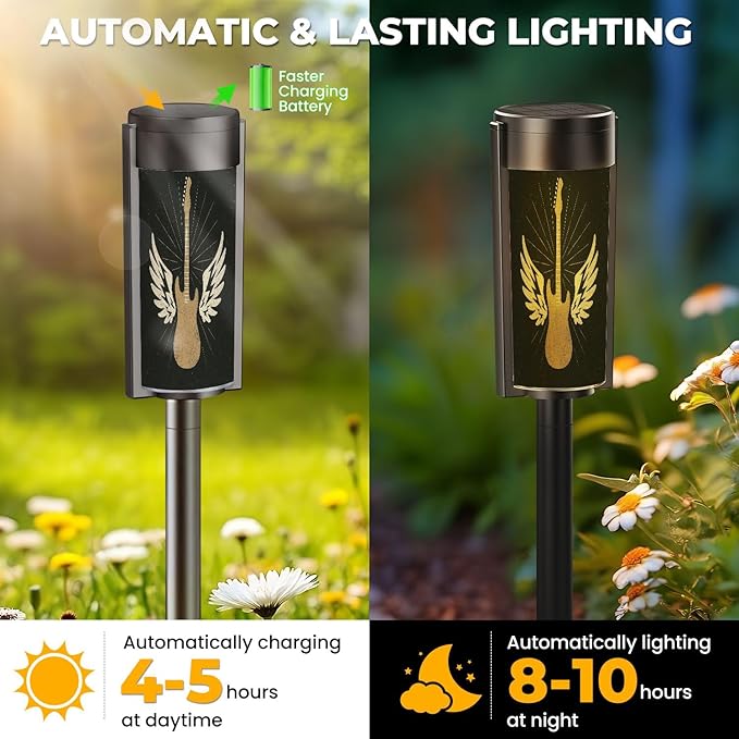 4 Pack Solar Pathway Lights Outdoor Waterproof Rock Music Graphic Design Old Effect Guitar Wings Solar Garden | Lumora
