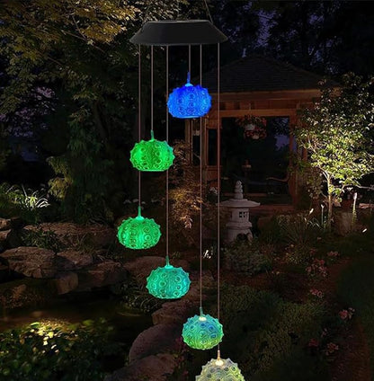 Solar Sea Urchin Wind Chime Light 6 LEDs Colorful Color Changing Outdoor Decorative Solar Hanging Light Painted Marine LED Lights for Garden Walkway Patio Yard, 1 Pack