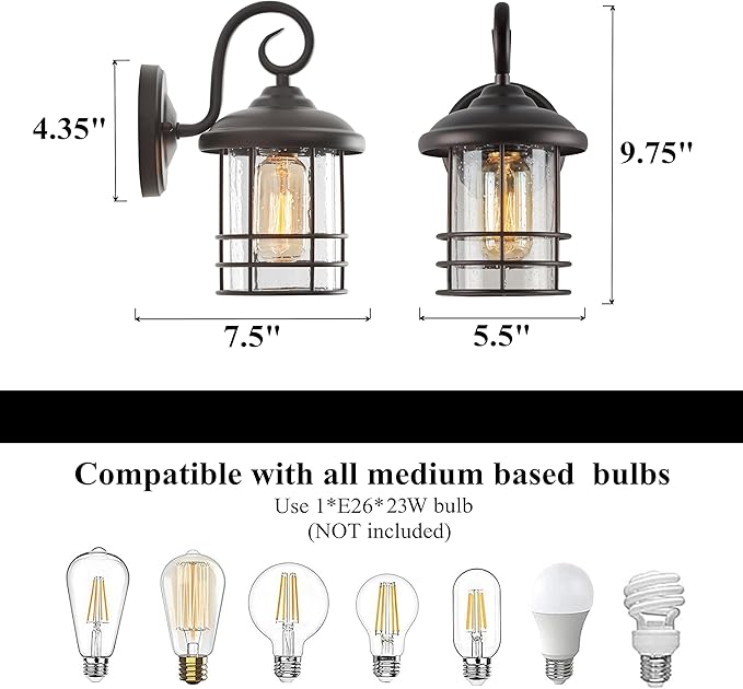 MICSIU 9.8" Oil Rubbed Bronze Outdoor Wall Sconce, Exterior Light Fixture with Round Seedy Glass Cylinder, 5.5" W Waterproof Outside Wall Mount Lantern for House, Porch, Garage, E26 Base