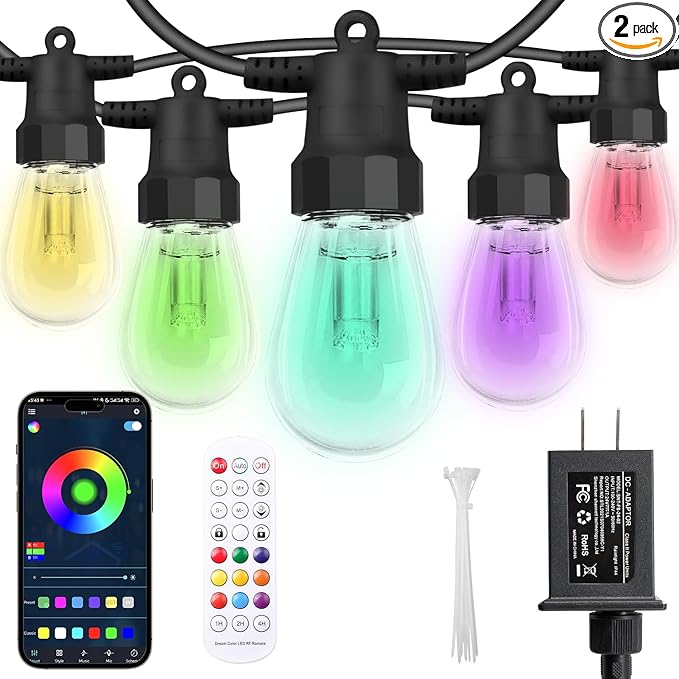 Outdoor String Lights 100FT (2×50FT), Patio Lights with 40 Dimmable RGBW LED Bulbs, IP66 Waterproof & Shatterproof | Lumora