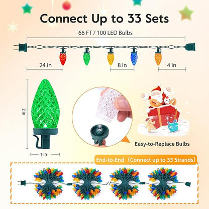 Brightown C9 LED Christmas String Lights, 2 Pack Total 132ft 200LED Multi-Color Outdoor Lights String, Plug-in Connectable Roofline Lights String for Outside Yard Christmas Holiday Decor