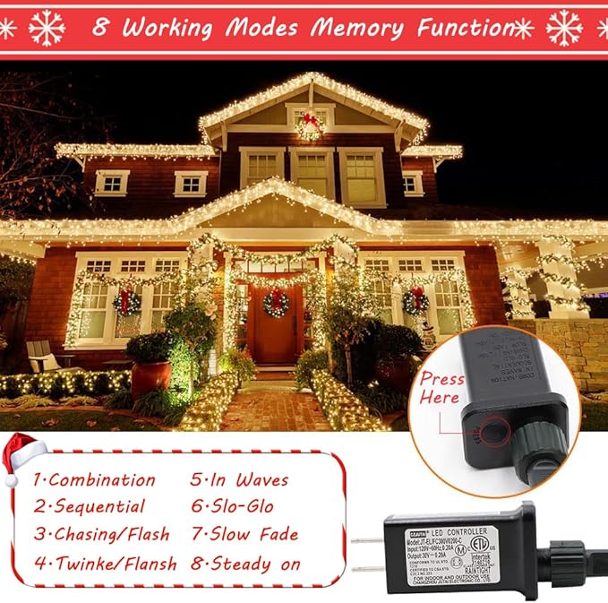 realization Christmas Lights Outdoor, 105FT 300 LED String Lights Indoor with 8 Modes, End-to-End Plug, UL Certified, Waterproof Fairy Lights for Xmas Tree Decorations Garden Party (Warm White)