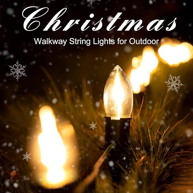 Christmas Pathway LED Lights Outdoor, 20 Lights C9 Walkway Lights with Stakes, 24.2ft Clear Driveway Christmas Lights for Pathway, Warm White, Extendable for Outdoor Decorations