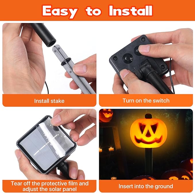 Halloween Decorations Outdoor 4 Sets Solar Pumpkin Pathway Lights for Outside 7 Lighting Modes IP65 Waterproof for Yard Garden Pathway and Walkway