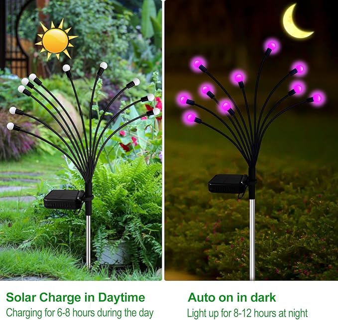 Kohlrabi Solar Garden Lights Outdoor, 10 Pack 80 LED Pink Firefly Lights Waterproof, Sway by Wind, Solar Wind | Lumora