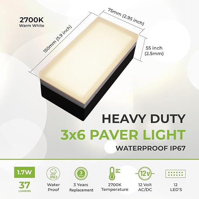 LUMENGY Paver Light 3×6 Inch (2.95 X 5.9), 2700K Warm White Glare-Free Illumination for Driveways, Pathways, Pool | Lumora