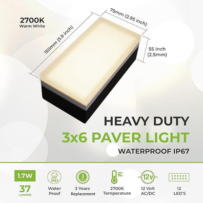 LUMENGY Paver Light 3x6 Inch (2.95x5.9), 2700K Warm White, Glare-Free Brick Lighting for Driveways, Walkways, Pool Decks and Patios, 12V Hardwired, IP67 Waterproof, Drive-Over Rated