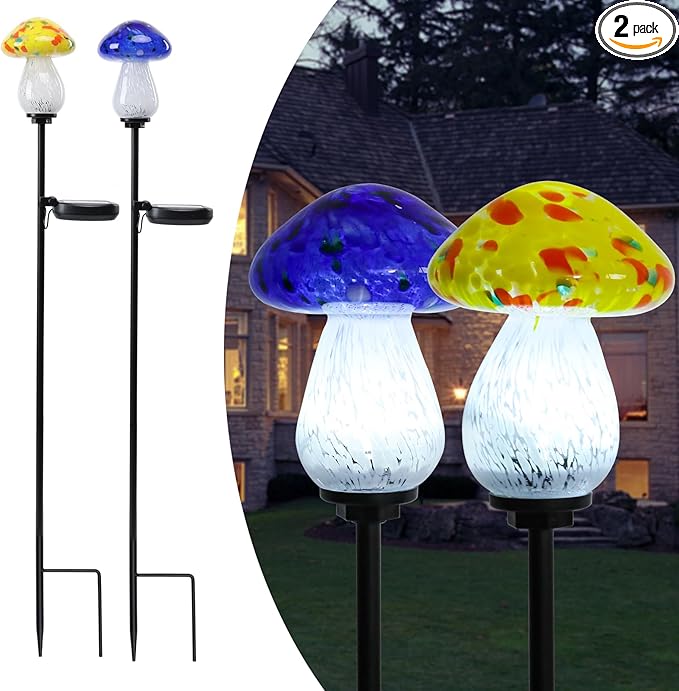 Afirst Solar Outdoor Lights Decorative Solar Glass Mushroom Lights Waterproof LED Waterproof Garden Stake Light for Walkway Pathway Lawn Patio Yard Decorations 2 Pack Yellow&Blue