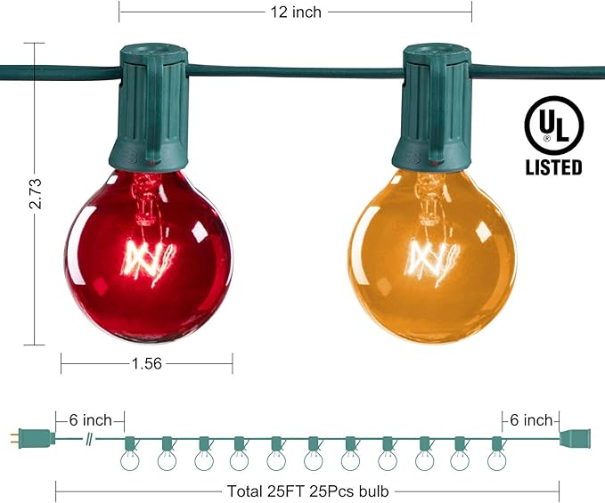 G40 Christmas Lights Colored String Lights Outdoor 25FT with 25 Transparent Multicolor Globe Bulbs, UL Listed Christmas Lights Outside Large Bulb Multi Colored for Patio Backyard Christmas Decoration