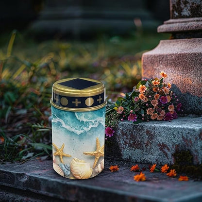 ZOUTAIRONG Solar Light for Cemetery Grave Solar Pathway Lights, Starfish Shell Print Yard Patio Landscape Lighting Blue Warm Pathway Lights Spotlights-4 Pack
