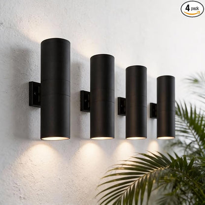 mirrea 18" Modern Outdoor Porch Light Patio Light in 2 Lights with Aluminum Cylinder and Tempered Glass Cover Waterproof Wall Sconce 4 Pack (Matte Black)