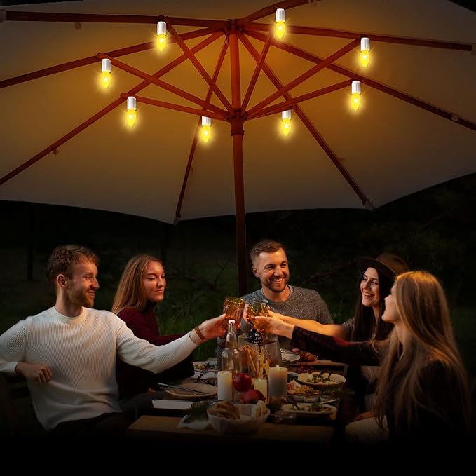 LED Canopy and Umbrellas Lights, 23 Ft LED Outdoor String Lights with Shatterproof Plastic 8LED C7 E-12 Light Bulbs, Waterproof, C Battery Powered, Super Bright to Display at Night Outdoors