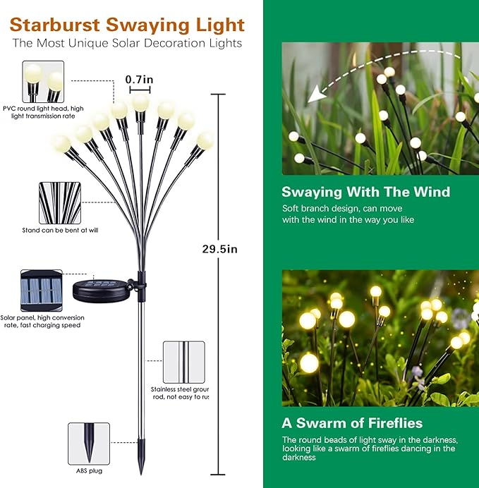 Firefly Solar Garden Lights Outdoor, Solar Firefly Lights Waterproof Lights, 8LED Vibrant Firefly Swaying Lights (4PACK Warm White)