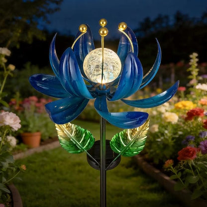 Solar Garden Lights Metal Flower Decor, Colorful Lotus Pathway Spinning Windmill with LED Cracked Crystal Ball Outdoor Decorative Stake Lighting Waterproof Flower Sculpture for Patio Yard
