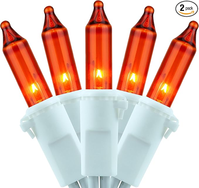 YULETIME 200 Orange Christmas Lights, Pack of 2 Sets 33 Feet 100 Count UL Certified Incandescent String Lights (Orange - White Wire)