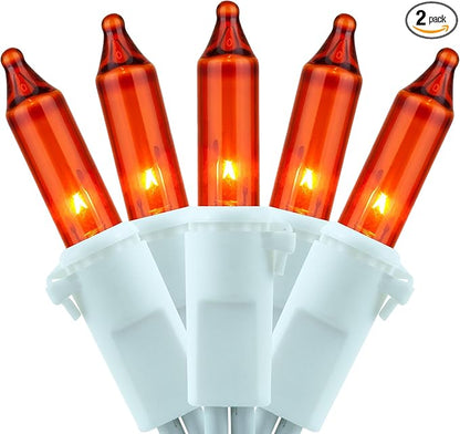 YULETIME 200 Orange Christmas Lights, Pack of 2 Sets 33 Feet 100 Count UL Certified Incandescent String Lights (Orange - White Wire)