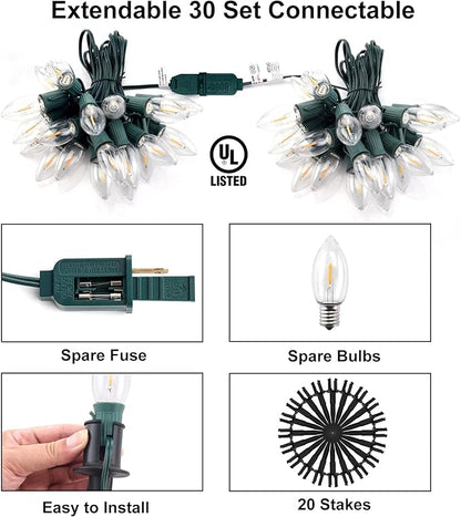 Christmas Pathway LED Lights Outdoor, 20 Lights C9 Walkway Lights with Stakes, 24.2ft Clear Driveway Christmas Lights for Pathway, Warm White, Extendable for Outdoor Decorations