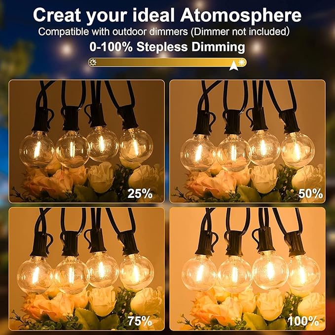 150ft Outdoor String Lights Waterproof/Connectable/Dimmable LED Shatterproof Bulbs,UL Listed Globe G40 String | Lumora