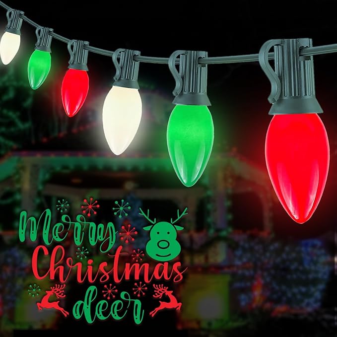 25Ft C9 LED Christmas Lights Outdoor Indoor, Multicolor Red Green White Vintage String Lights, Connectable Holiday | Lumora