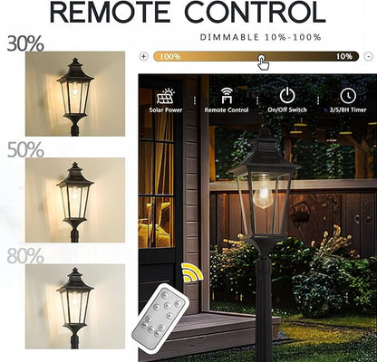 Emliviar Outdoor Solar Lamp Post Light, Dusk to Dawn Pole Lights with Clear Glass, Waterproof Solar Garden Light with Remote Control, LED Bulb Included, 500181PL-SL BK