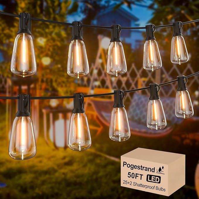LED Outdoor String Lights 50ft ST38 Waterproof Patio Lights with 25 Vintage Shatterproof Bulbs(2 Spare), Dimmable Outside Hanging Edison String Lights for Backyard Porch Balcony Decor, Warm White